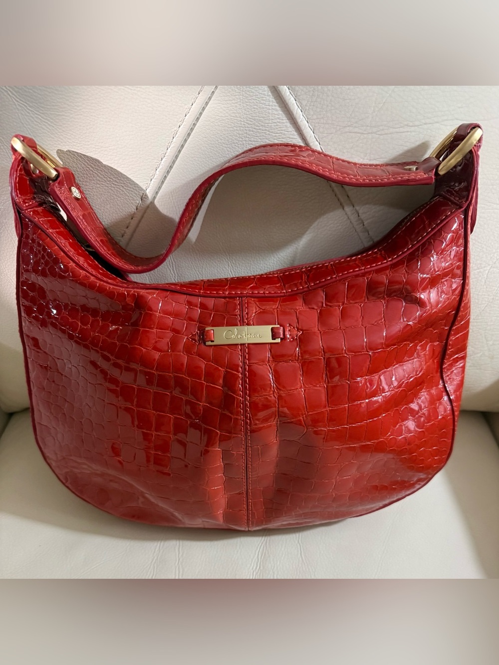 Cole Haan Red Croc-Embossed Patent Leather Hobo